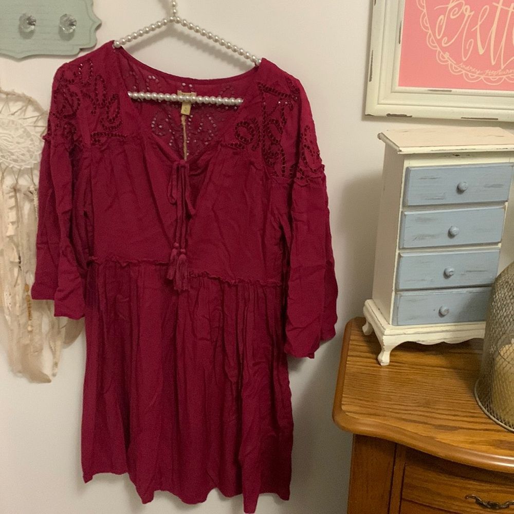NEW True Craft Tunic Dress XL Burgundy Rayon Lace Boho Babydoll V-Neck 33”